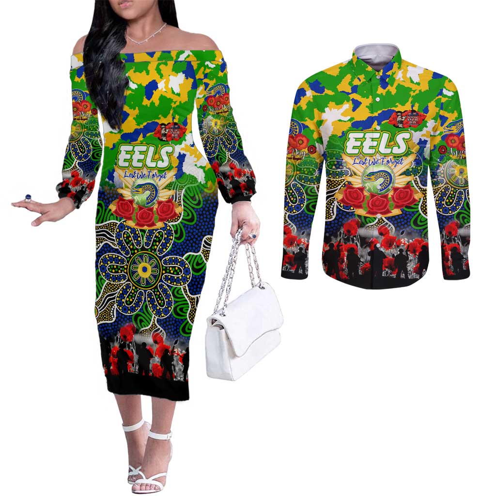 Personalized Eels ANZAC Day Couples Matching Off The Shoulder Long Sleeve Dress and Long Sleeve Button Shirt Australian Army - Lest We Forget