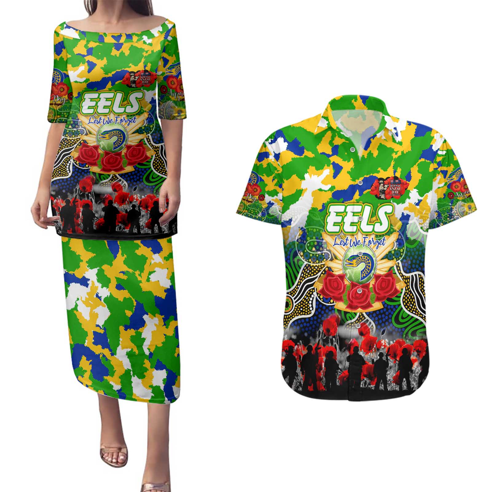 Personalized Eels ANZAC Day Couples Matching Puletasi and Hawaiian Shirt Australian Army - Lest We Forget