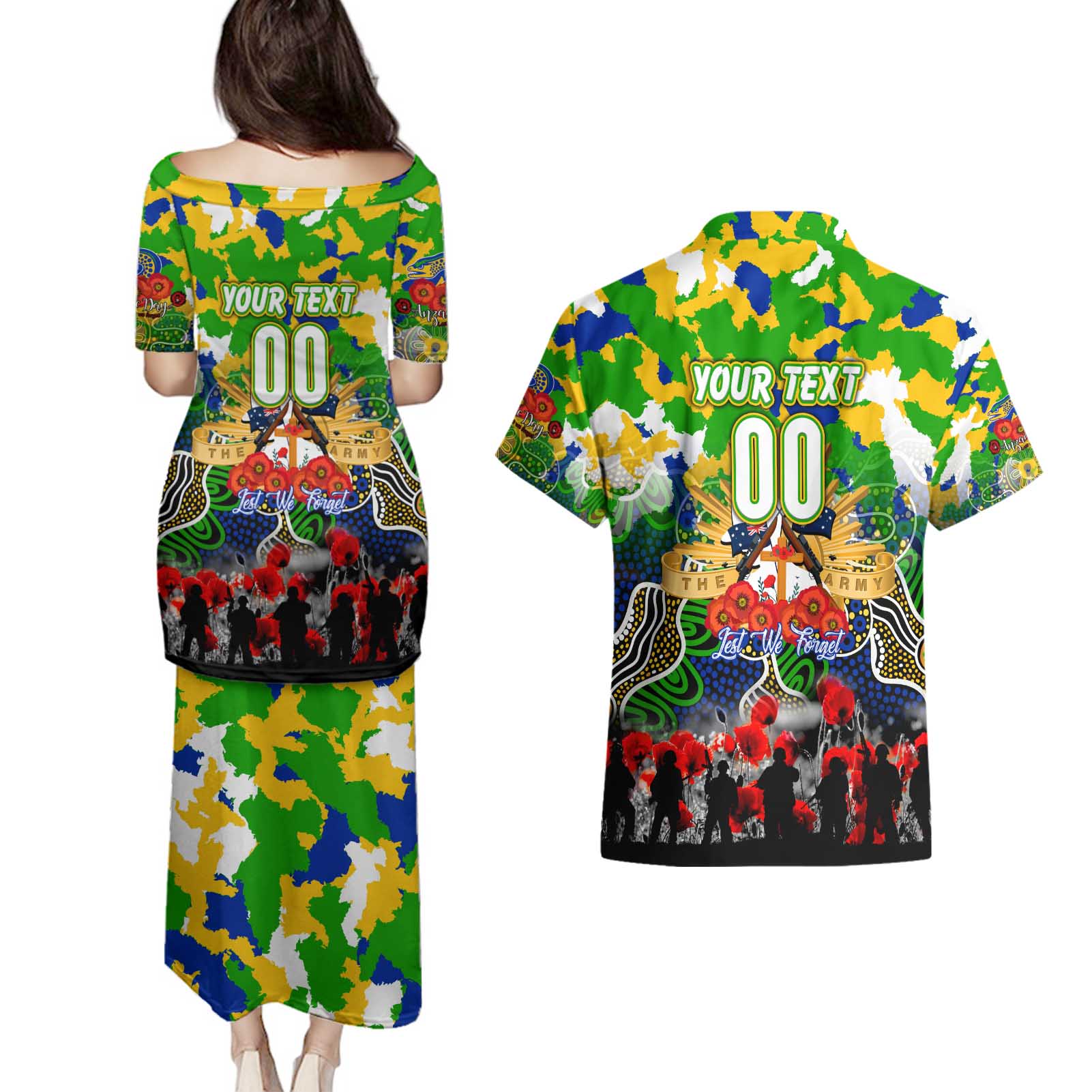 Personalized Eels ANZAC Day Couples Matching Puletasi and Hawaiian Shirt Australian Army - Lest We Forget