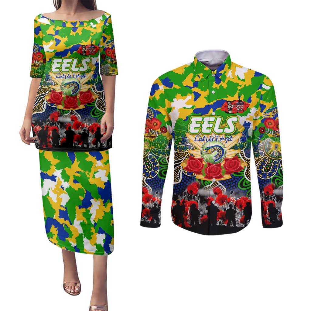 Personalized Eels ANZAC Day Couples Matching Puletasi and Long Sleeve Button Shirt Australian Army - Lest We Forget