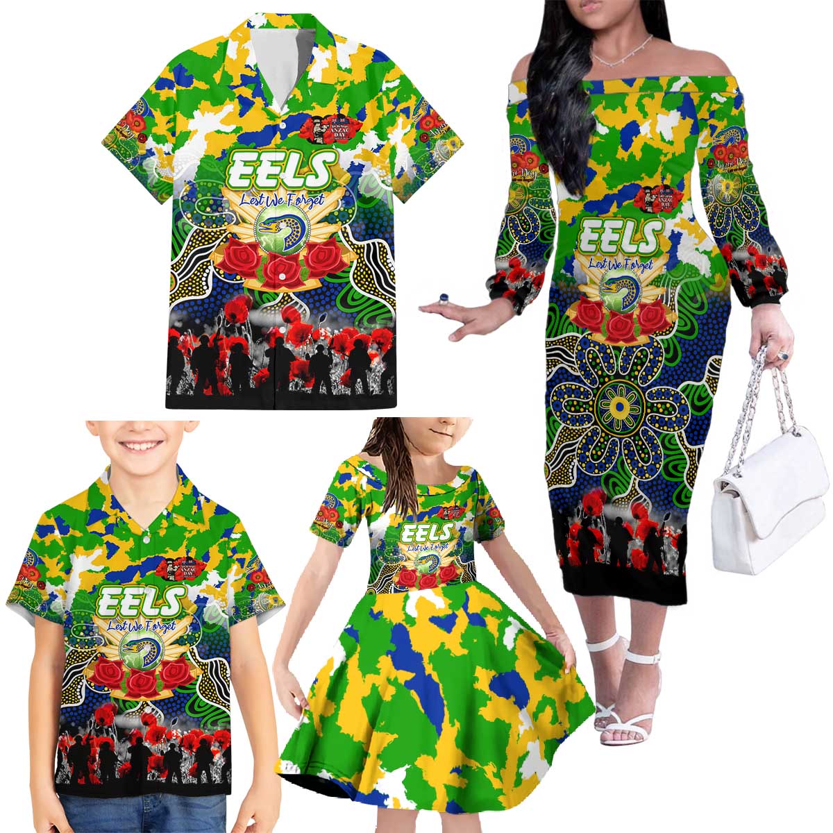 Personalized Eels ANZAC Day Family Matching Off The Shoulder Long Sleeve Dress and Hawaiian Shirt Australian Army - Lest We Forget