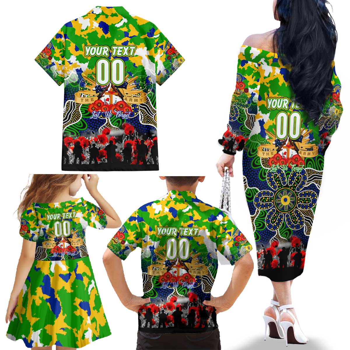 Personalized Eels ANZAC Day Family Matching Off The Shoulder Long Sleeve Dress and Hawaiian Shirt Australian Army - Lest We Forget