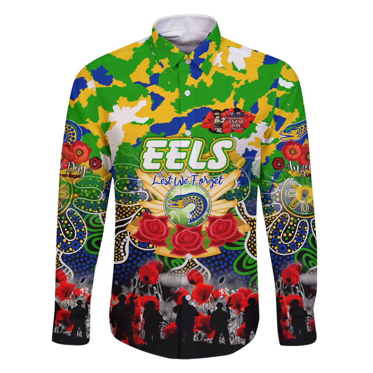 Personalized Eels ANZAC Day Family Matching Off The Shoulder Long Sleeve Dress and Hawaiian Shirt Australian Army - Lest We Forget