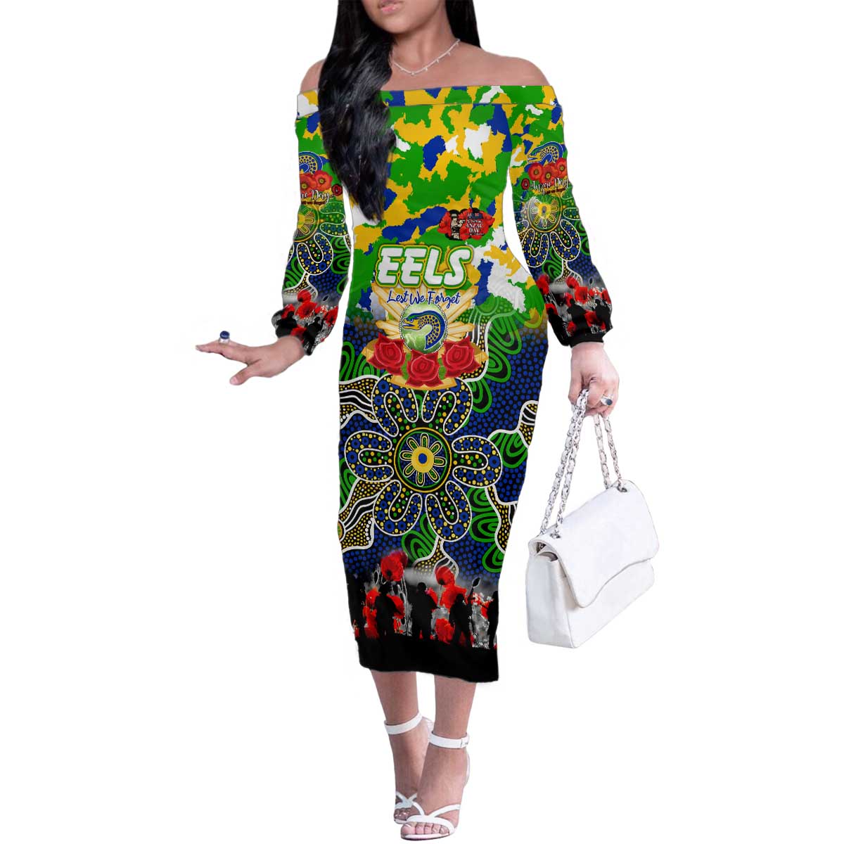 Personalized Eels ANZAC Day Family Matching Off The Shoulder Long Sleeve Dress and Hawaiian Shirt Australian Army - Lest We Forget