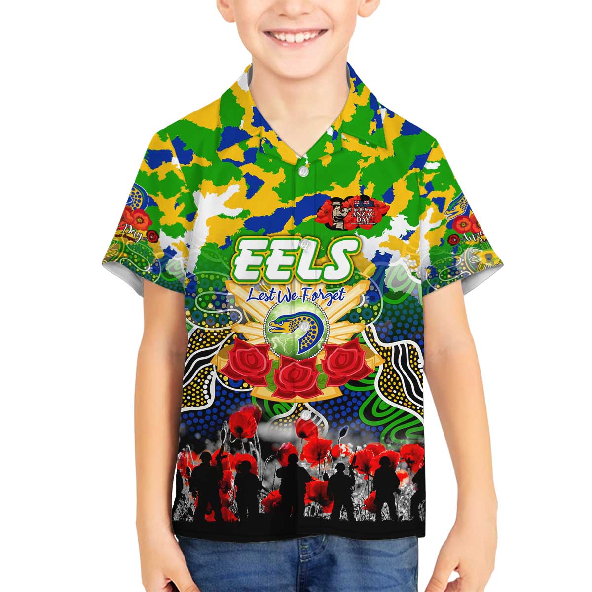 Personalized Eels ANZAC Day Family Matching Off The Shoulder Long Sleeve Dress and Hawaiian Shirt Australian Army - Lest We Forget