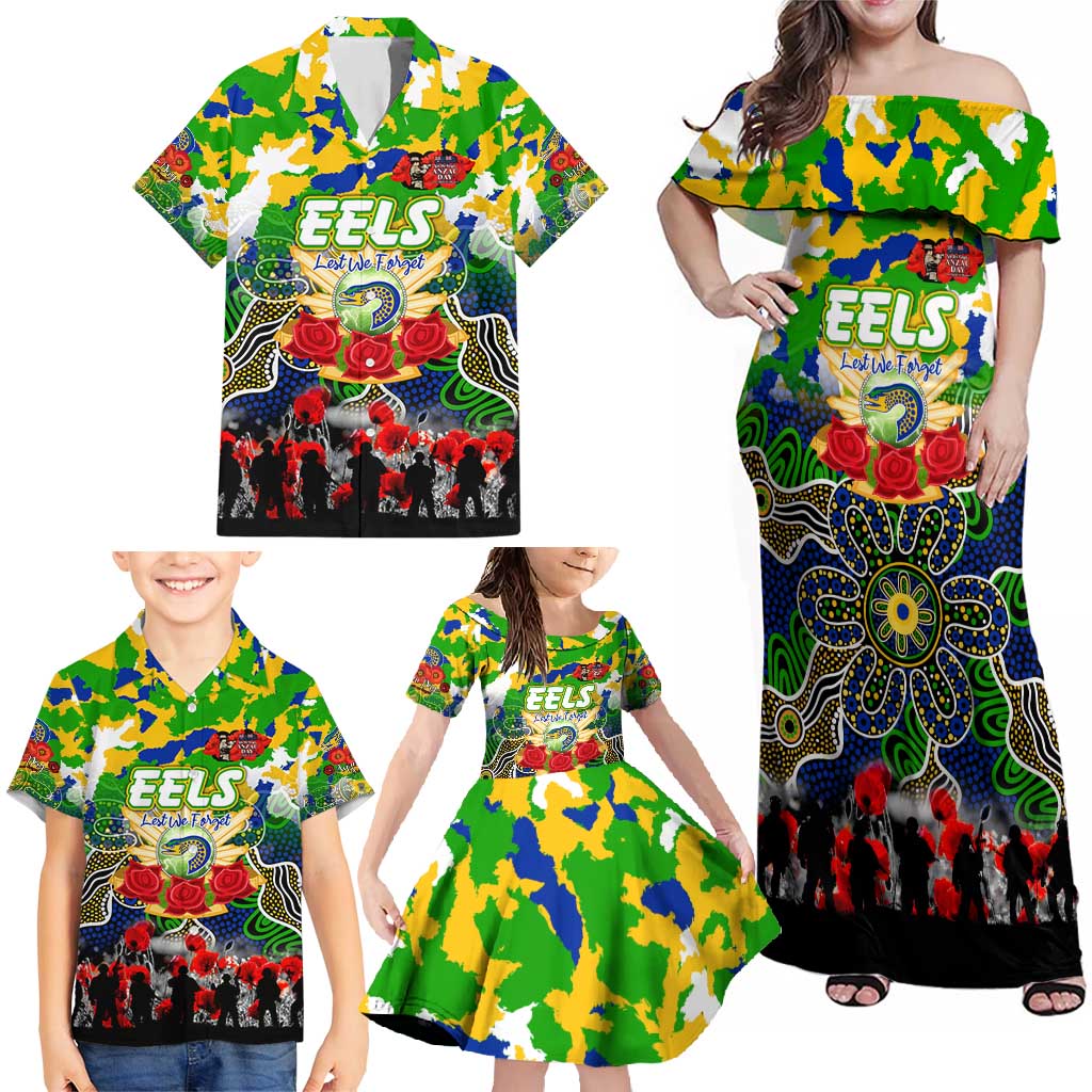 Personalized Eels ANZAC Day Family Matching Off Shoulder Maxi Dress and Hawaiian Shirt Australian Army - Lest We Forget