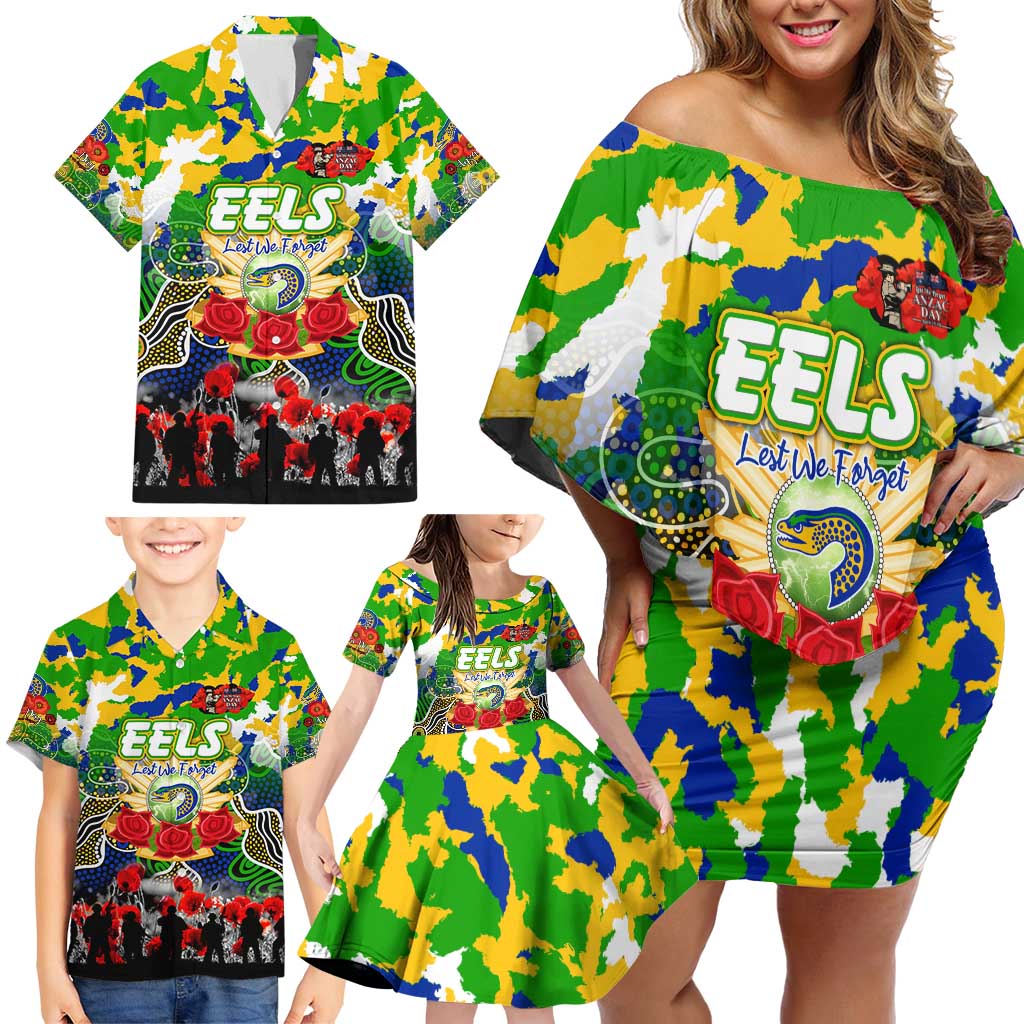 Personalized Eels ANZAC Day Family Matching Off Shoulder Short Dress and Hawaiian Shirt Australian Army - Lest We Forget