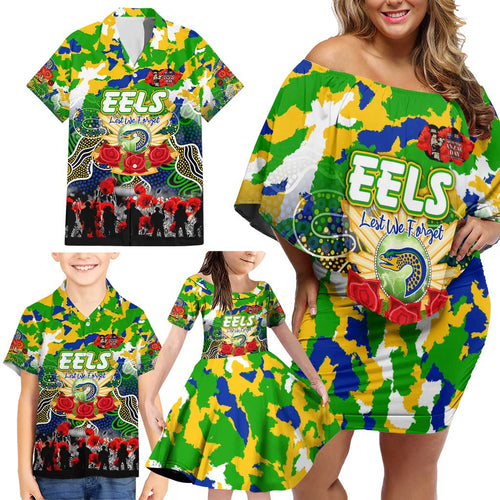 Personalized Eels ANZAC Day Family Matching Off Shoulder Short Dress and Hawaiian Shirt Australian Army - Lest We Forget