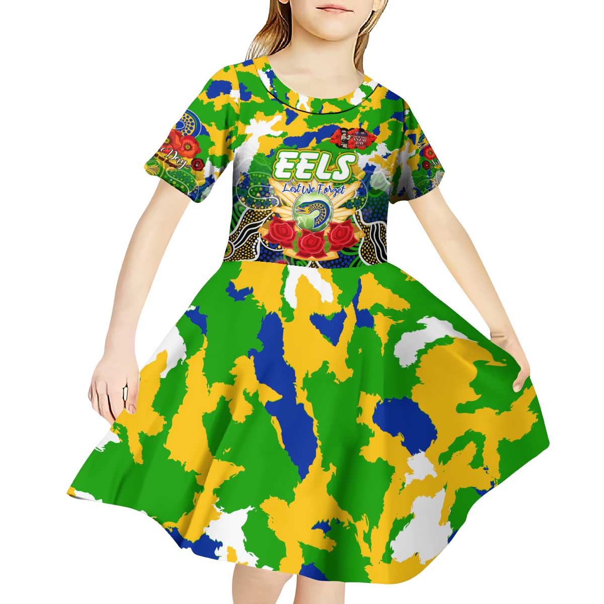 Personalized Eels ANZAC Day Kid Short Sleeve Dress Australian Army - Lest We Forget
