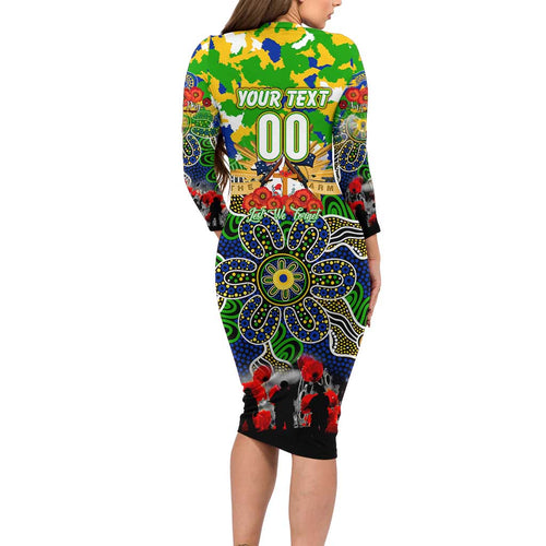 Personalized Eels ANZAC Day Long Sleeve Bodycon Dress Australian Army - Lest We Forget