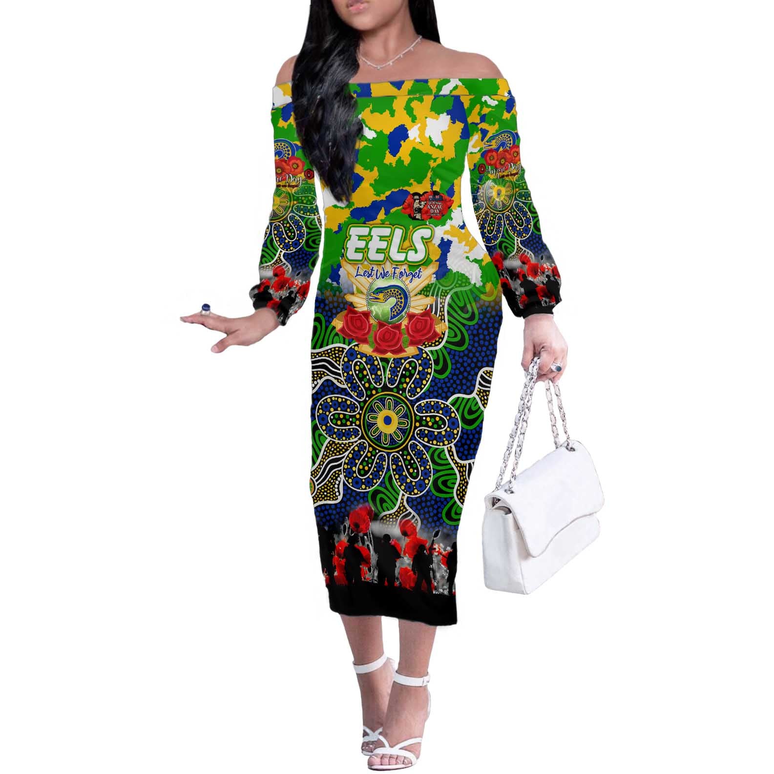 Personalized Eels ANZAC Day Off The Shoulder Long Sleeve Dress Australian Army - Lest We Forget
