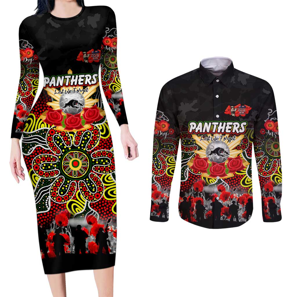 Personalized Panthers ANZAC Day Couples Matching Long Sleeve Bodycon Dress and Long Sleeve Button Shirt Australian Army - Lest We Forget