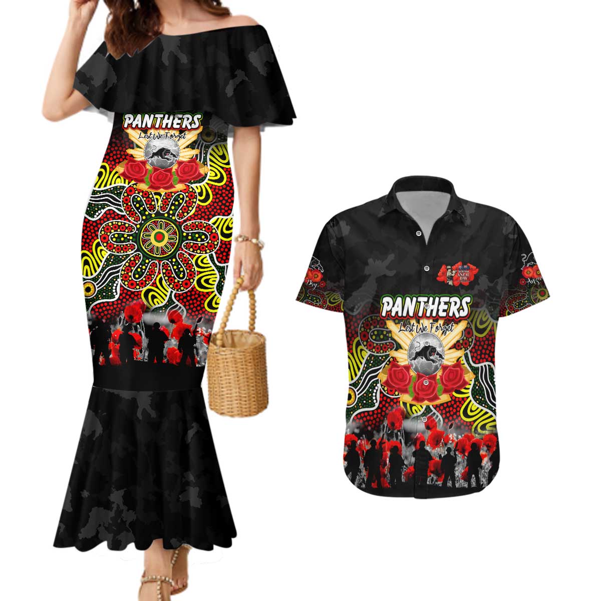 Personalized Panthers ANZAC Day Couples Matching Mermaid Dress and Hawaiian Shirt Australian Army - Lest We Forget