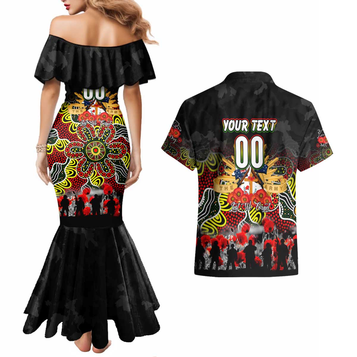 Personalized Panthers ANZAC Day Couples Matching Mermaid Dress and Hawaiian Shirt Australian Army - Lest We Forget