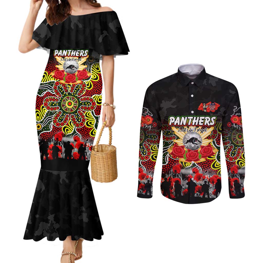 Personalized Panthers ANZAC Day Couples Matching Mermaid Dress and Long Sleeve Button Shirt Australian Army - Lest We Forget