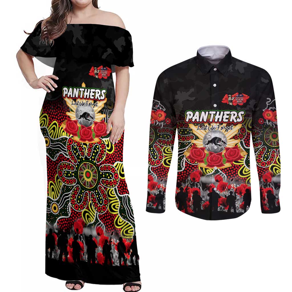 Personalized Panthers ANZAC Day Couples Matching Off Shoulder Maxi Dress and Long Sleeve Button Shirt Australian Army - Lest We Forget