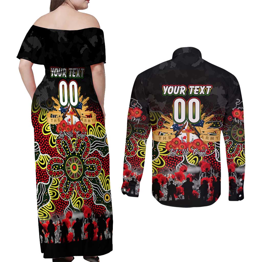 Personalized Panthers ANZAC Day Couples Matching Off Shoulder Maxi Dress and Long Sleeve Button Shirt Australian Army - Lest We Forget