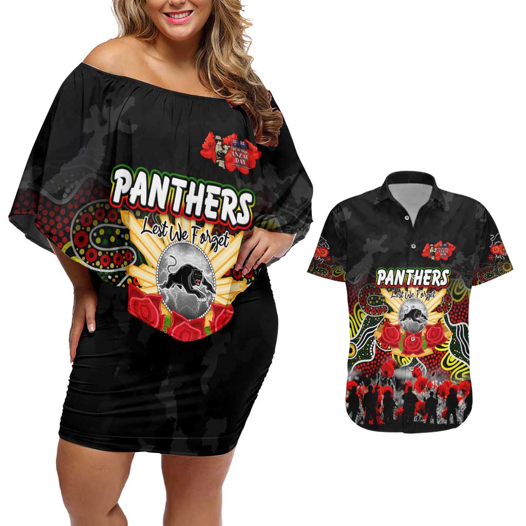 Personalized Panthers ANZAC Day Couples Matching Off Shoulder Short Dress and Hawaiian Shirt Australian Army - Lest We Forget
