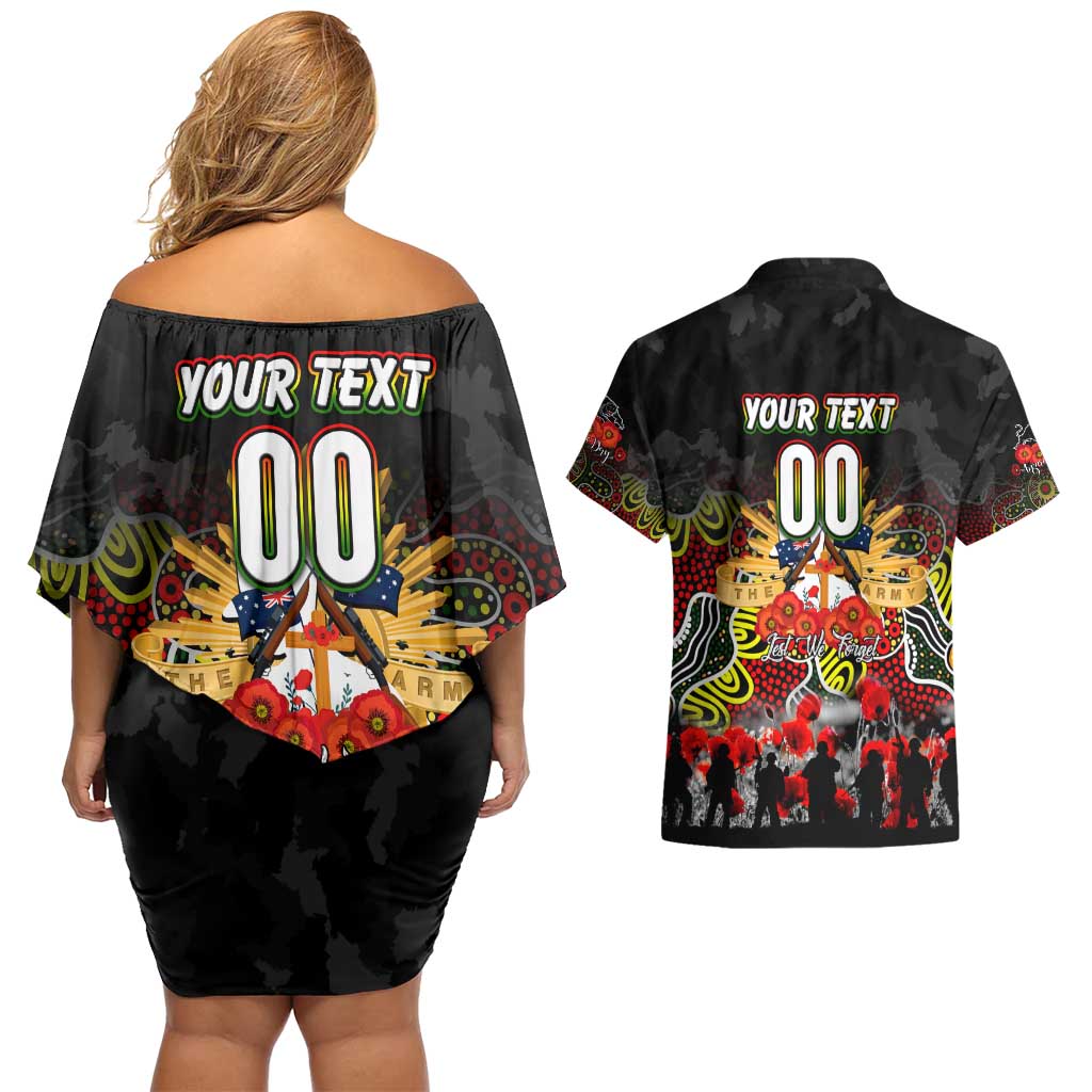 Personalized Panthers ANZAC Day Couples Matching Off Shoulder Short Dress and Hawaiian Shirt Australian Army - Lest We Forget
