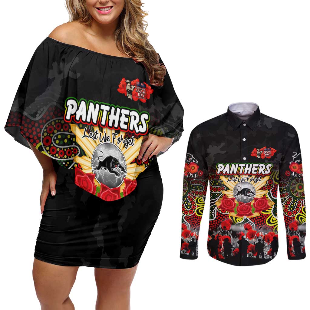 Personalized Panthers ANZAC Day Couples Matching Off Shoulder Short Dress and Long Sleeve Button Shirt Australian Army - Lest We Forget