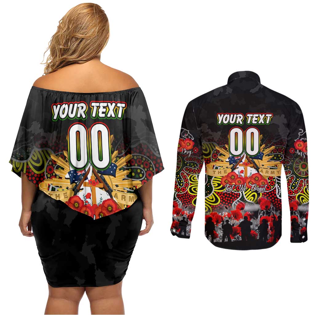 Personalized Panthers ANZAC Day Couples Matching Off Shoulder Short Dress and Long Sleeve Button Shirt Australian Army - Lest We Forget