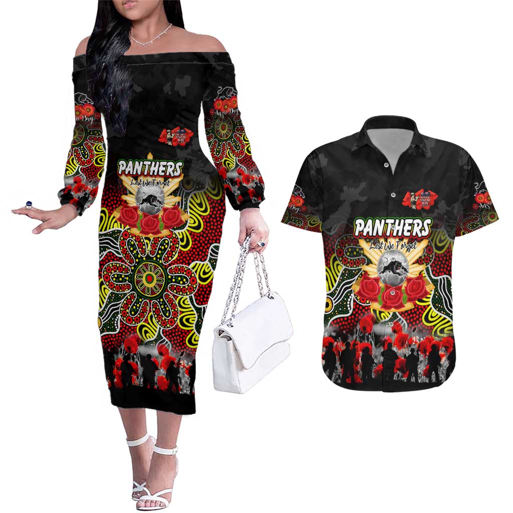 Personalized Panthers ANZAC Day Couples Matching Off The Shoulder Long Sleeve Dress and Hawaiian Shirt Australian Army - Lest We Forget