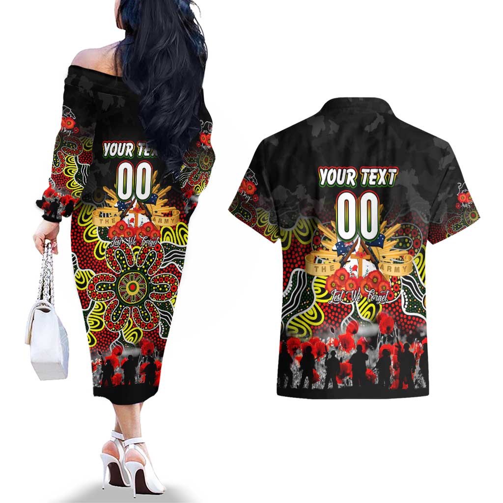 Personalized Panthers ANZAC Day Couples Matching Off The Shoulder Long Sleeve Dress and Hawaiian Shirt Australian Army - Lest We Forget