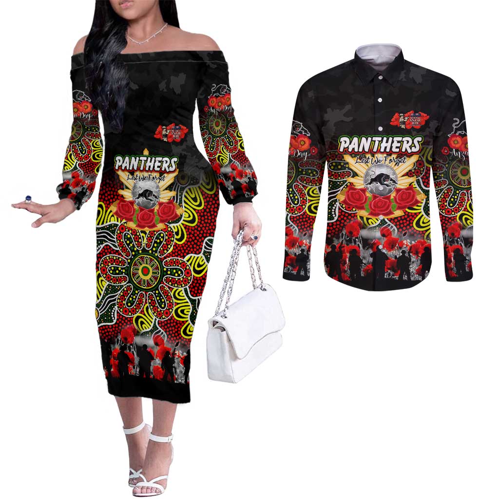 Personalized Panthers ANZAC Day Couples Matching Off The Shoulder Long Sleeve Dress and Long Sleeve Button Shirt Australian Army - Lest We Forget