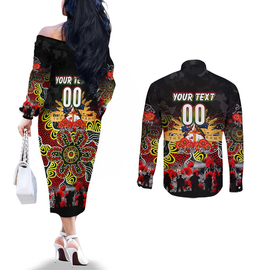 Personalized Panthers ANZAC Day Couples Matching Off The Shoulder Long Sleeve Dress and Long Sleeve Button Shirt Australian Army - Lest We Forget