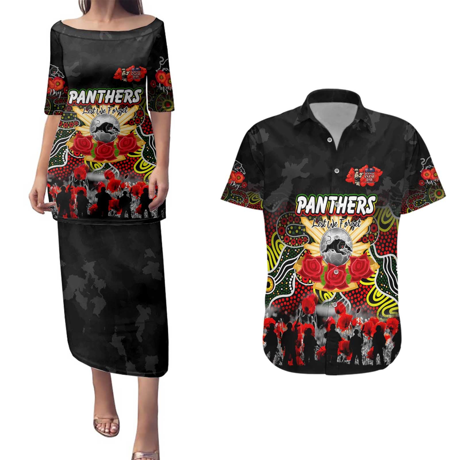 Personalized Panthers ANZAC Day Couples Matching Puletasi and Hawaiian Shirt Australian Army - Lest We Forget