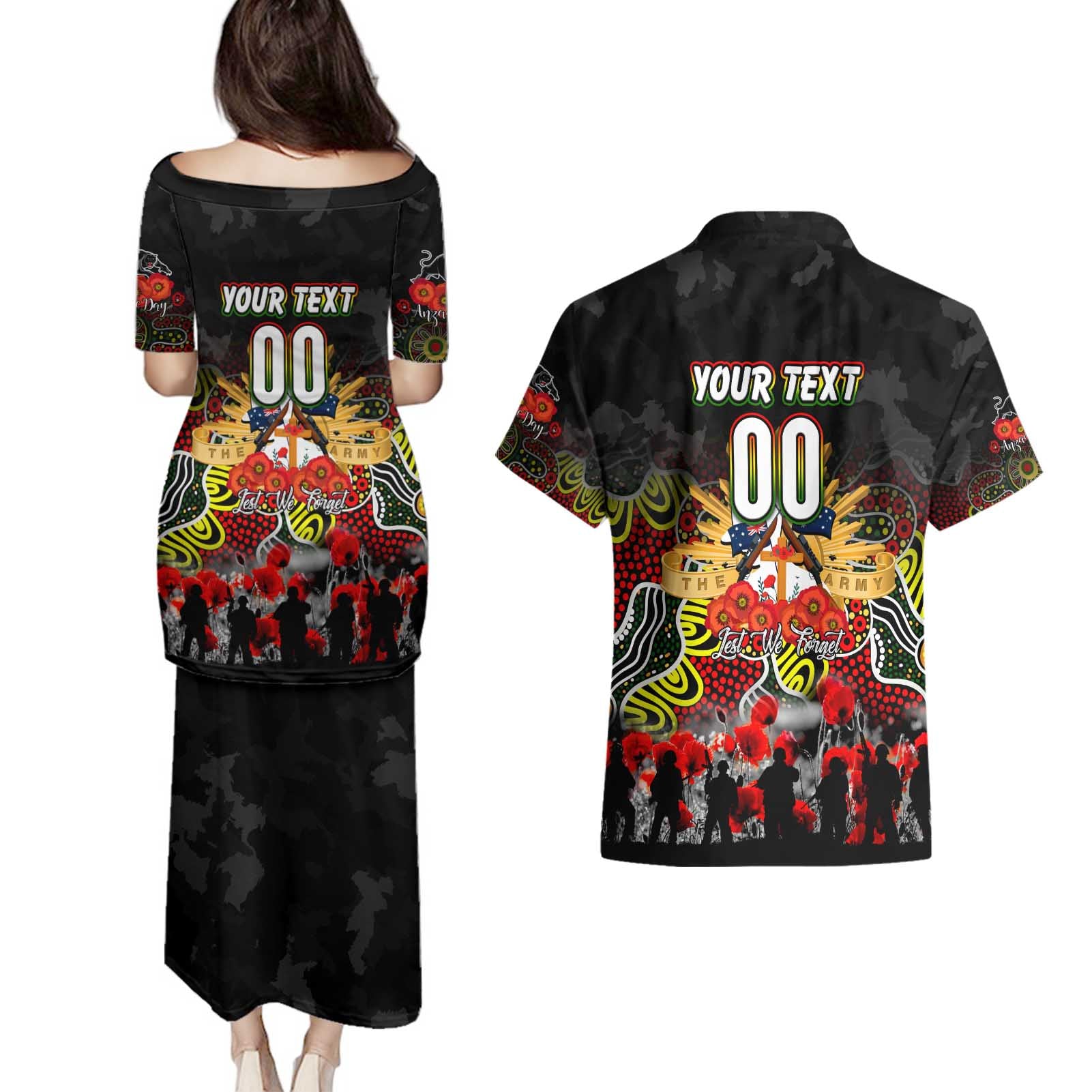 Personalized Panthers ANZAC Day Couples Matching Puletasi and Hawaiian Shirt Australian Army - Lest We Forget