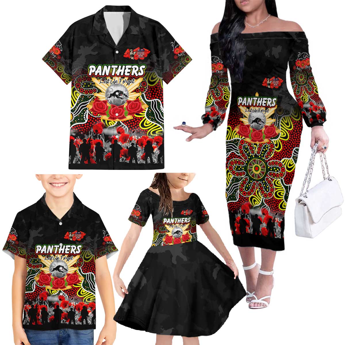 Personalized Panthers ANZAC Day Family Matching Off The Shoulder Long Sleeve Dress and Hawaiian Shirt Australian Army - Lest We Forget