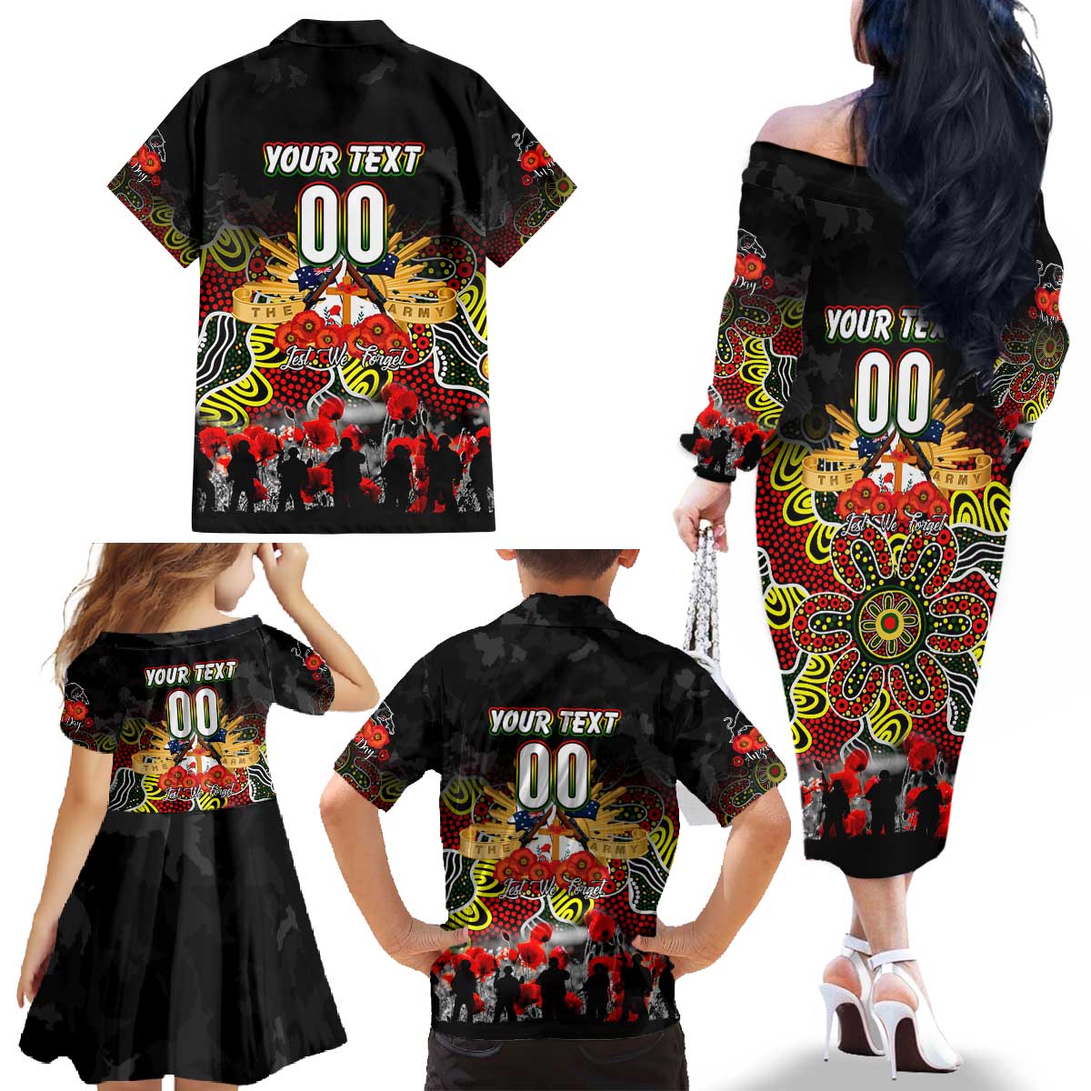 Personalized Panthers ANZAC Day Family Matching Off The Shoulder Long Sleeve Dress and Hawaiian Shirt Australian Army - Lest We Forget