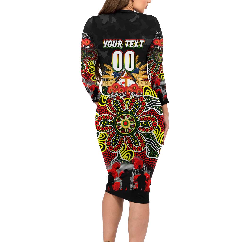 Personalized Panthers ANZAC Day Long Sleeve Bodycon Dress Australian Army - Lest We Forget
