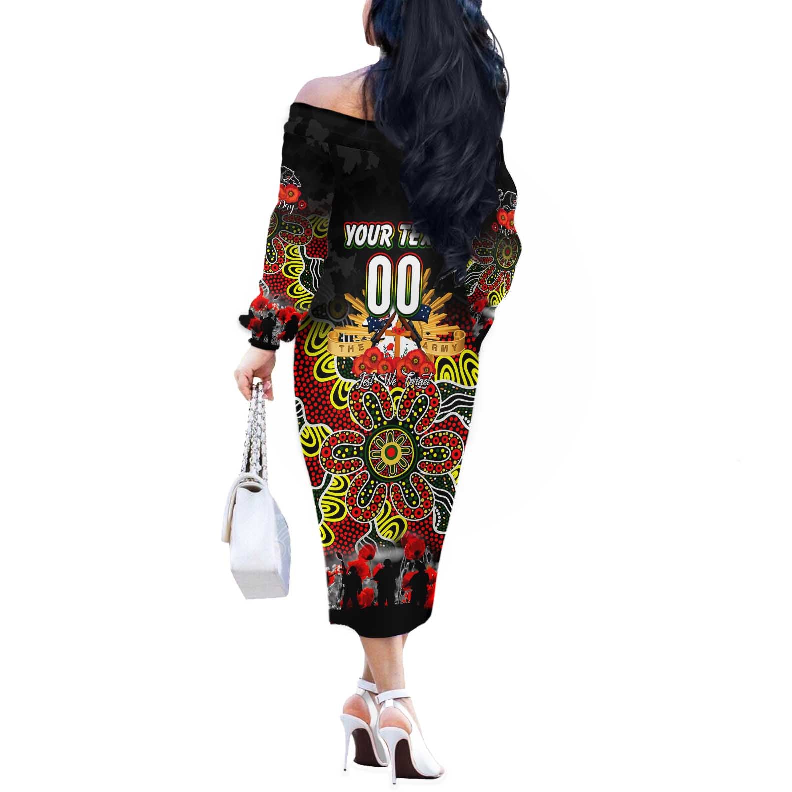 Personalized Panthers ANZAC Day Off The Shoulder Long Sleeve Dress Australian Army - Lest We Forget