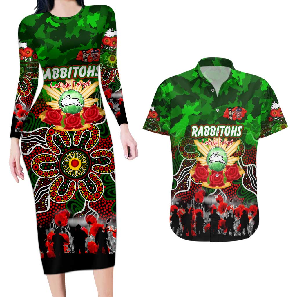 Personalized Rabbitohs ANZAC Day Couples Matching Long Sleeve Bodycon Dress and Hawaiian Shirt Australian Army - Lest We Forget