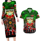 Personalized Rabbitohs ANZAC Day Couples Matching Long Sleeve Bodycon Dress and Hawaiian Shirt Australian Army - Lest We Forget