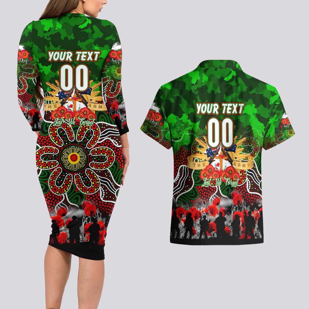 Personalized Rabbitohs ANZAC Day Couples Matching Long Sleeve Bodycon Dress and Hawaiian Shirt Australian Army - Lest We Forget