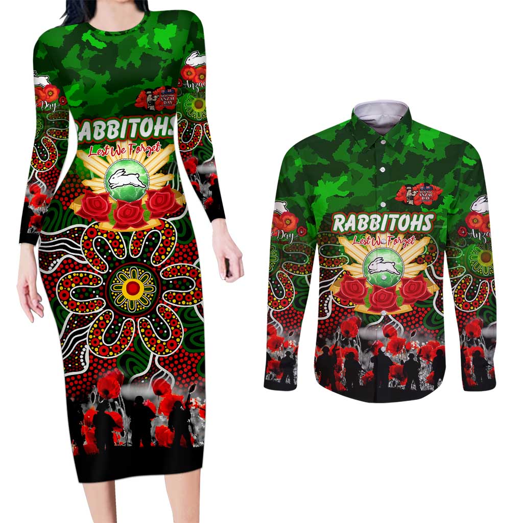 Personalized Rabbitohs ANZAC Day Couples Matching Long Sleeve Bodycon Dress and Long Sleeve Button Shirt Australian Army - Lest We Forget