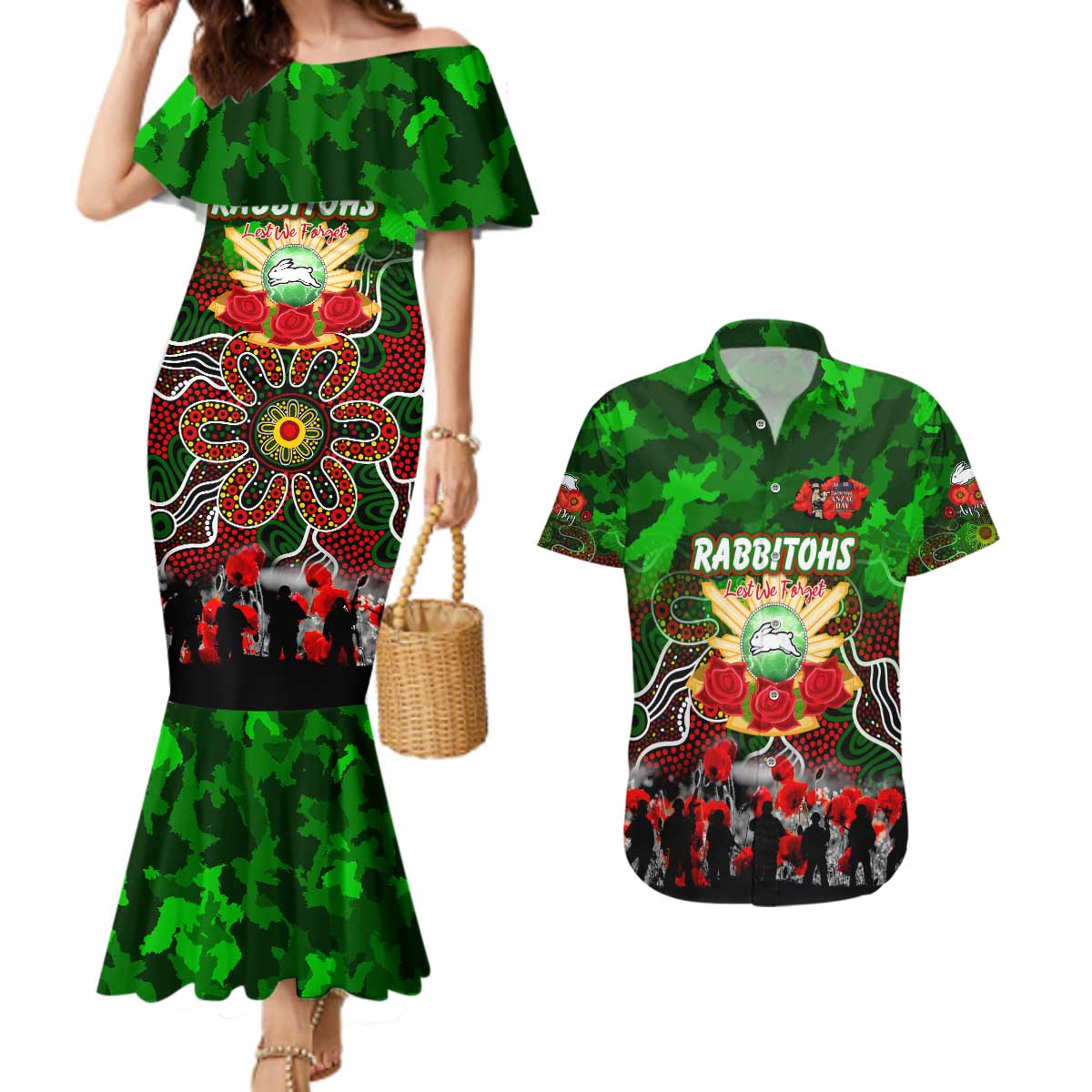 Personalized Rabbitohs ANZAC Day Couples Matching Mermaid Dress and Hawaiian Shirt Australian Army - Lest We Forget