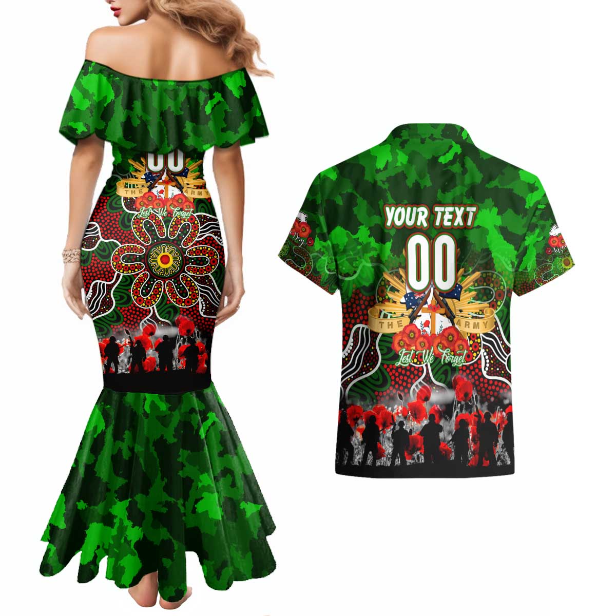 Personalized Rabbitohs ANZAC Day Couples Matching Mermaid Dress and Hawaiian Shirt Australian Army - Lest We Forget