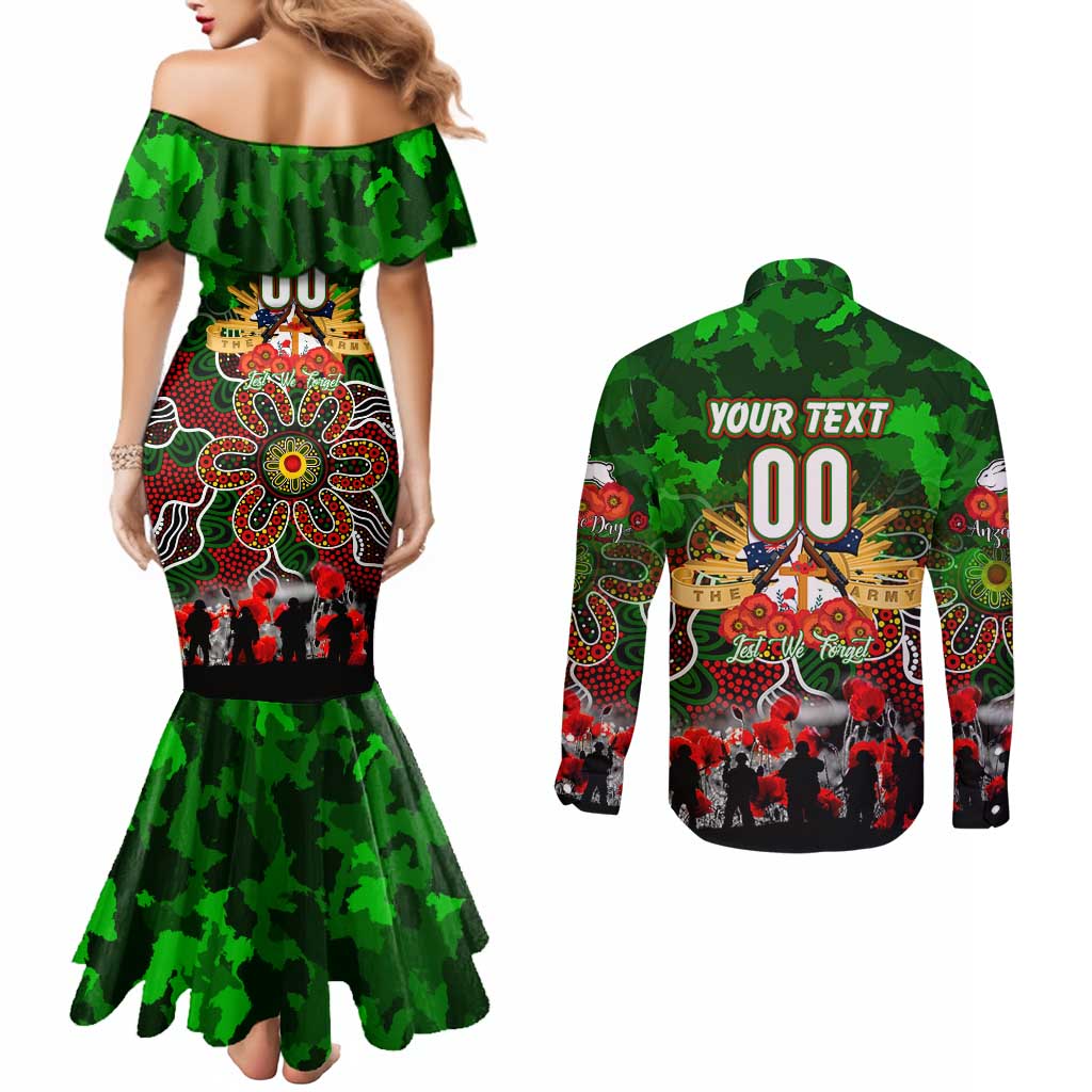 Personalized Rabbitohs ANZAC Day Couples Matching Mermaid Dress and Long Sleeve Button Shirt Australian Army - Lest We Forget