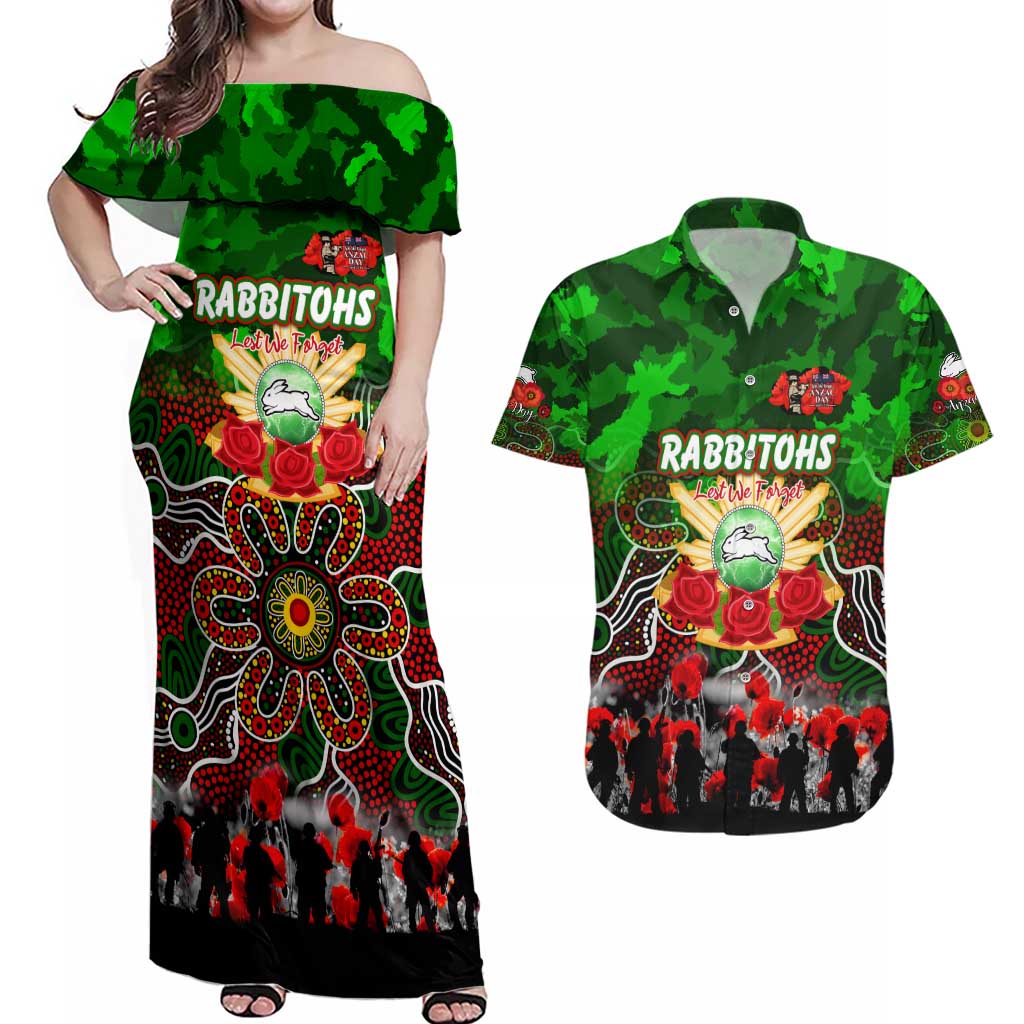 Personalized Rabbitohs ANZAC Day Couples Matching Off Shoulder Maxi Dress and Hawaiian Shirt Australian Army - Lest We Forget