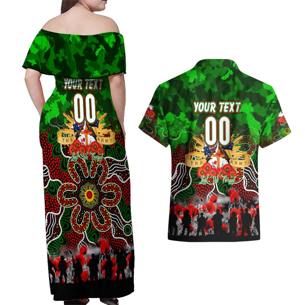 Personalized Rabbitohs ANZAC Day Couples Matching Off Shoulder Maxi Dress and Hawaiian Shirt Australian Army - Lest We Forget
