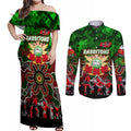 Personalized Rabbitohs ANZAC Day Couples Matching Off Shoulder Maxi Dress and Long Sleeve Button Shirt Australian Army - Lest We Forget