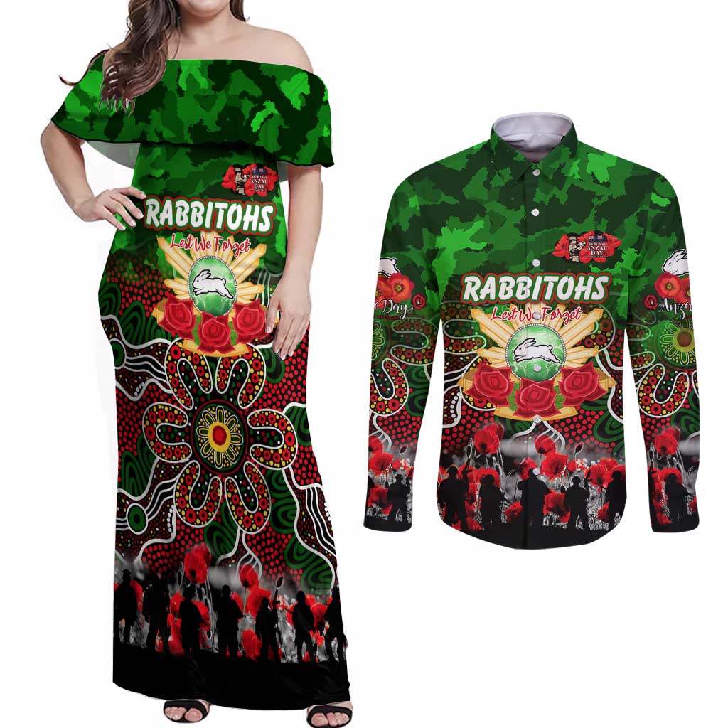 Personalized Rabbitohs ANZAC Day Couples Matching Off Shoulder Maxi Dress and Long Sleeve Button Shirt Australian Army - Lest We Forget