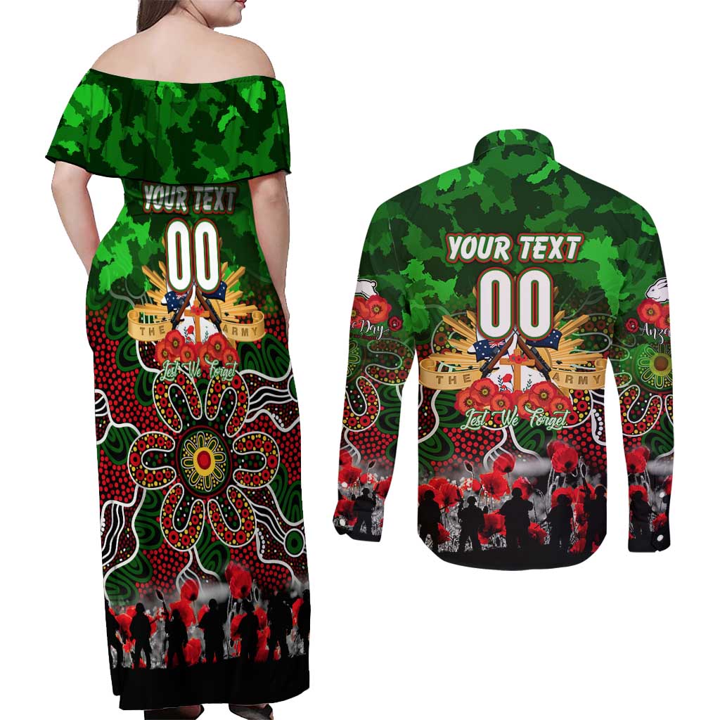 Personalized Rabbitohs ANZAC Day Couples Matching Off Shoulder Maxi Dress and Long Sleeve Button Shirt Australian Army - Lest We Forget