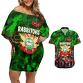 Personalized Rabbitohs ANZAC Day Couples Matching Off Shoulder Short Dress and Hawaiian Shirt Australian Army - Lest We Forget