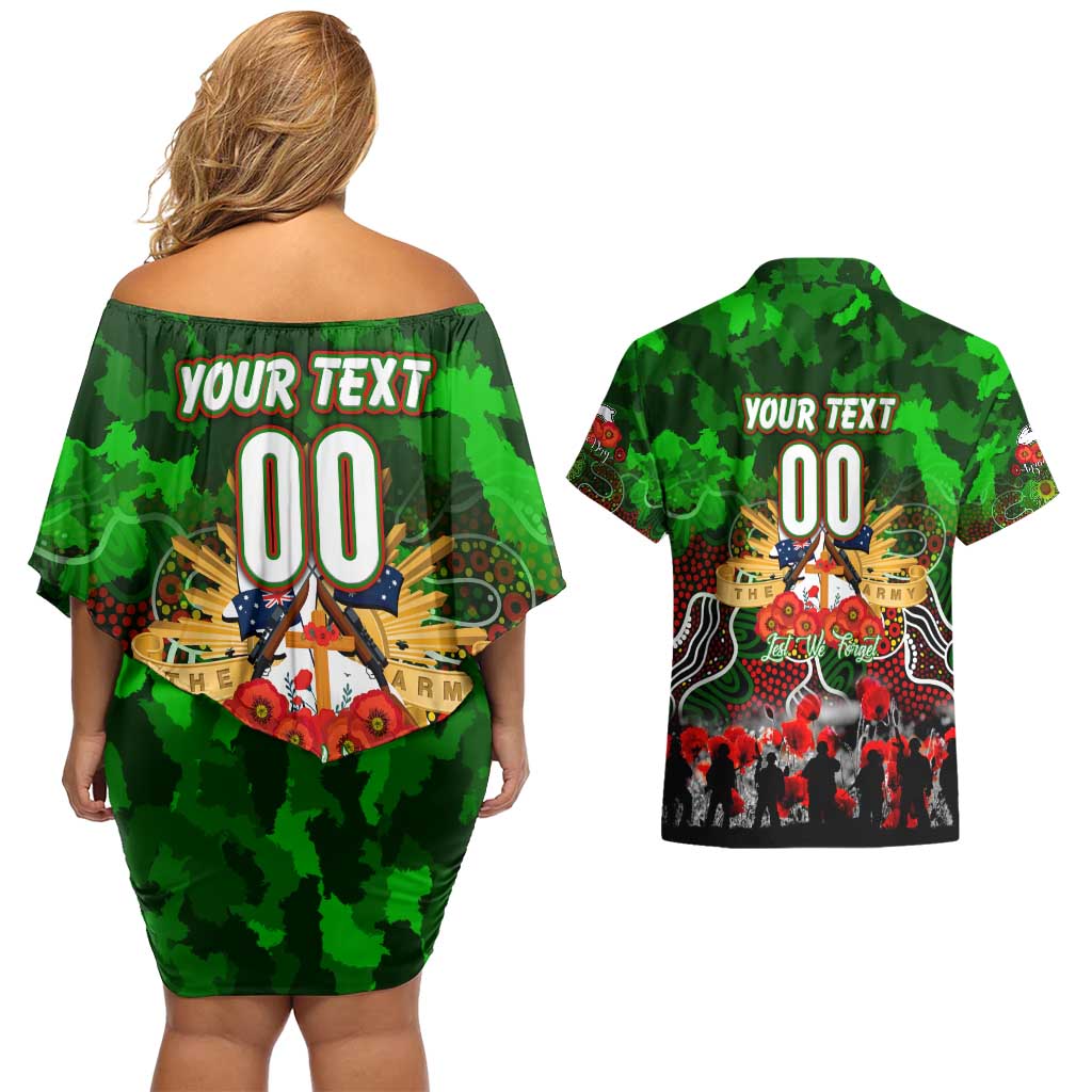 Personalized Rabbitohs ANZAC Day Couples Matching Off Shoulder Short Dress and Hawaiian Shirt Australian Army - Lest We Forget
