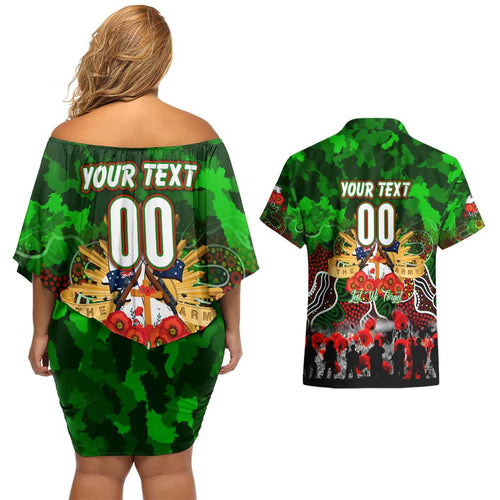 Personalized Rabbitohs ANZAC Day Couples Matching Off Shoulder Short Dress and Hawaiian Shirt Australian Army - Lest We Forget